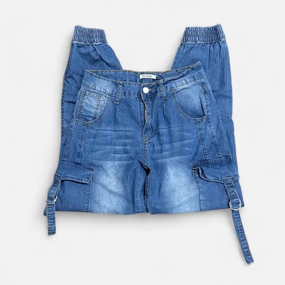 Kreamy Denim - Y2K Kreamy Blue Washed Denim Tapered Mid-Rise Cargo Jeans S